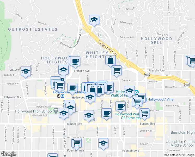 map of restaurants, bars, coffee shops, grocery stores, and more near 1820 Whitley Ave in Los Angeles