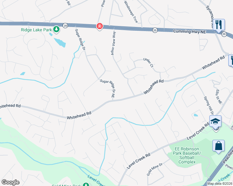 map of restaurants, bars, coffee shops, grocery stores, and more near 5183 Sugar Ridge Drive Northeast in Buford