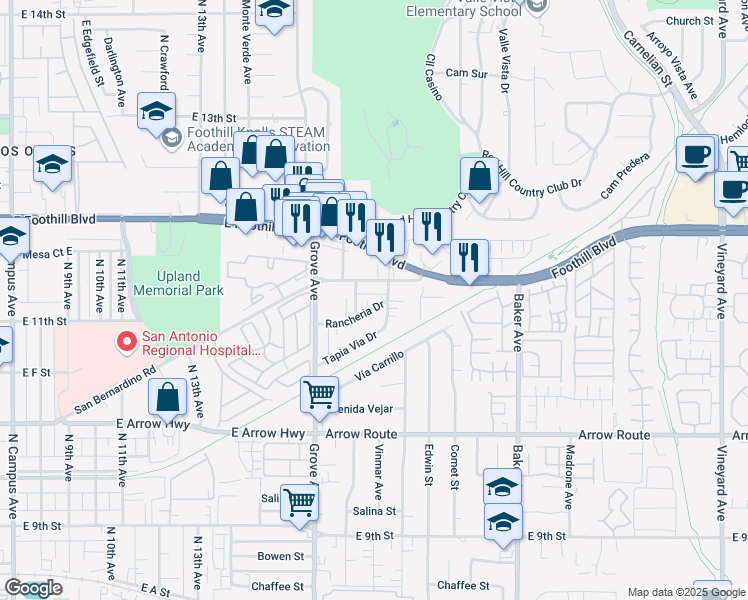 map of restaurants, bars, coffee shops, grocery stores, and more near 8210 Rancheria Drive in Rancho Cucamonga