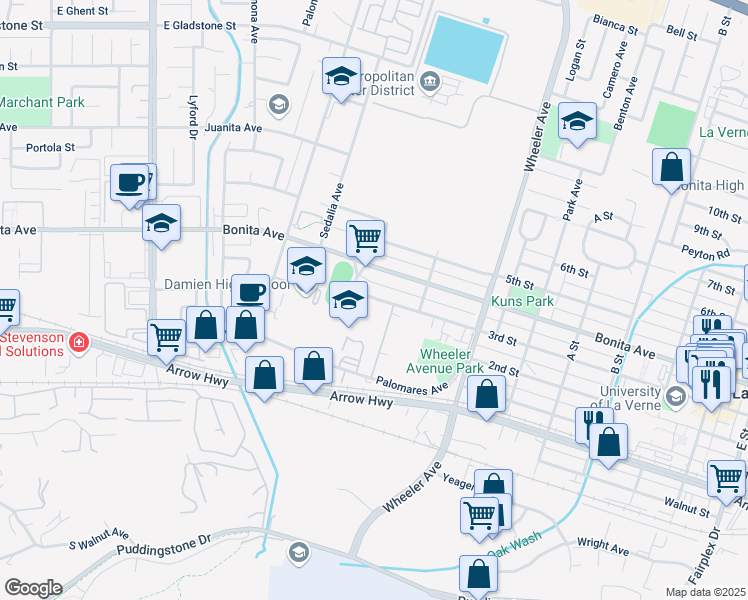 map of restaurants, bars, coffee shops, grocery stores, and more near 1850 3rd Street in La Verne