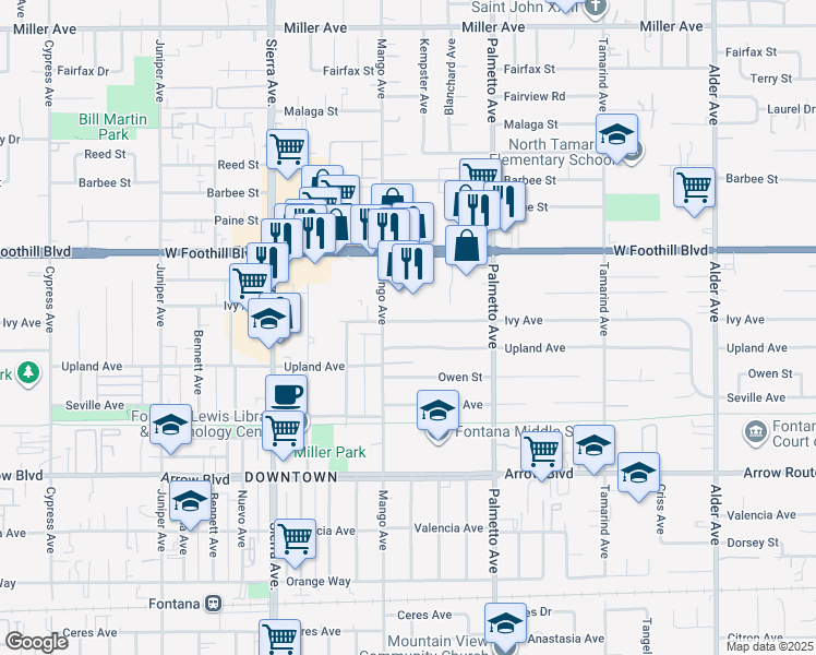 map of restaurants, bars, coffee shops, grocery stores, and more near 17143 Ivy Avenue in Fontana