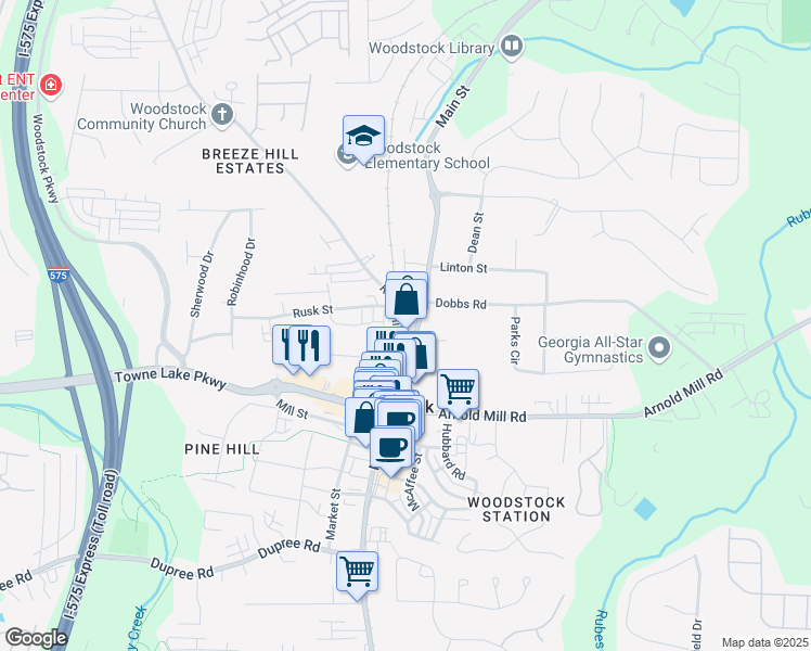map of restaurants, bars, coffee shops, grocery stores, and more near 8362 Main Street in Woodstock