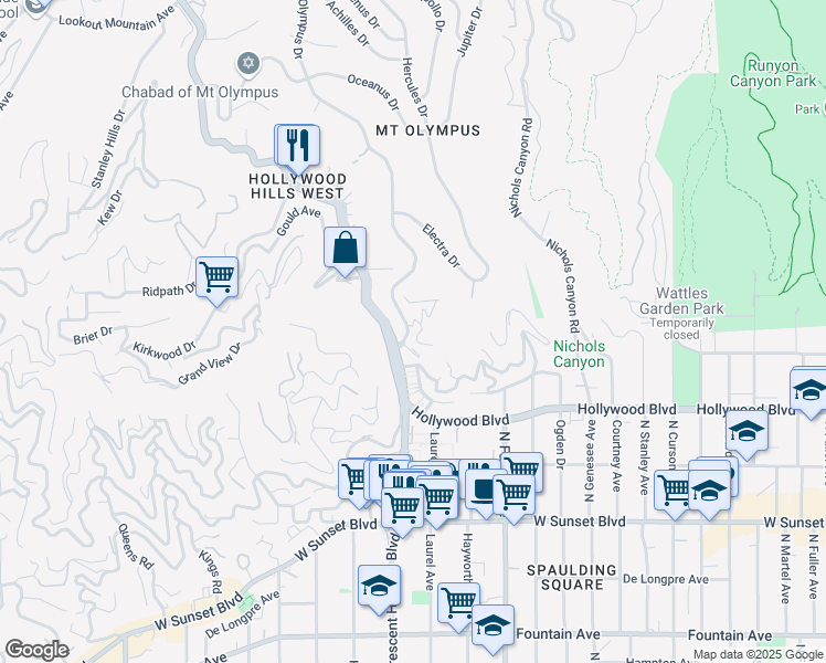 map of restaurants, bars, coffee shops, grocery stores, and more near 1730 Mount Olympus Drive in Los Angeles