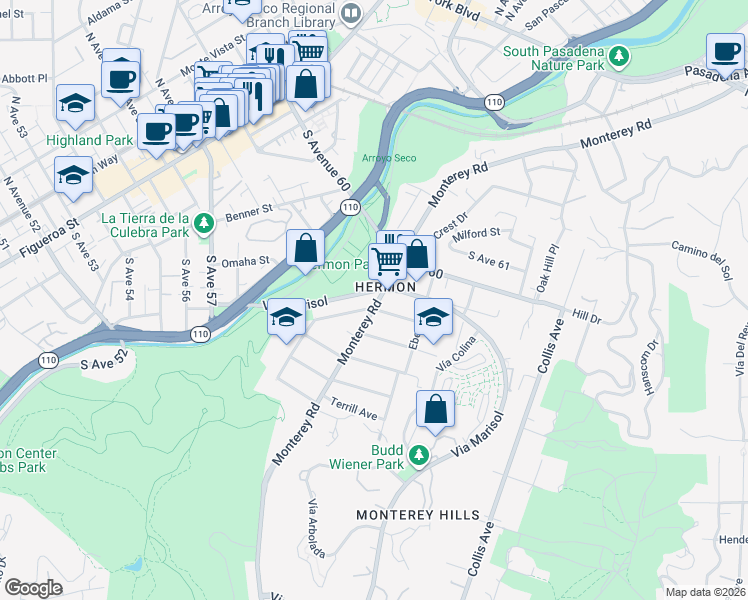 map of restaurants, bars, coffee shops, grocery stores, and more near 5805 Monterey Road in Los Angeles