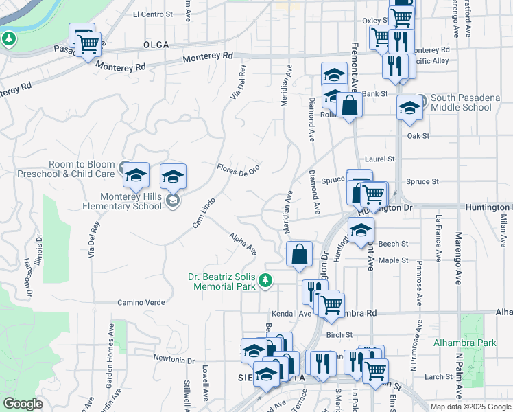 map of restaurants, bars, coffee shops, grocery stores, and more near 1750 Gillette Crescent in South Pasadena