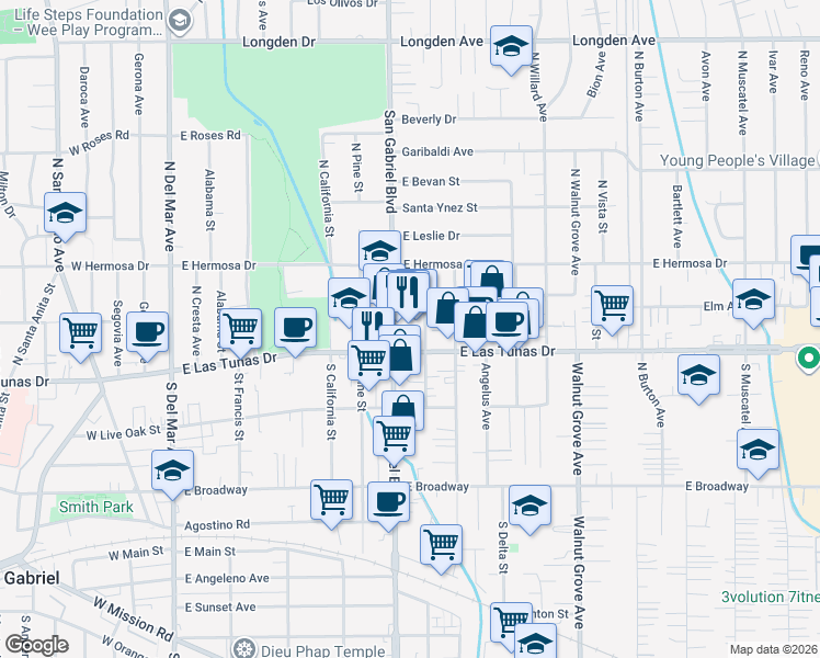 map of restaurants, bars, coffee shops, grocery stores, and more near 120 North San Gabriel Boulevard in San Gabriel