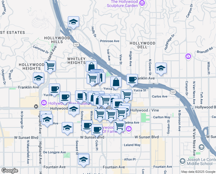 map of restaurants, bars, coffee shops, grocery stores, and more near 6373 Yucca Street in Los Angeles