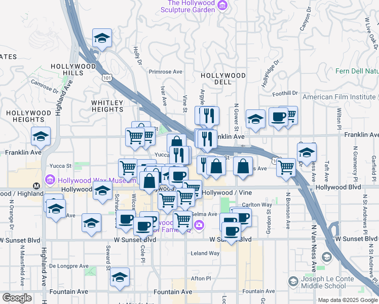map of restaurants, bars, coffee shops, grocery stores, and more near in Los Angeles