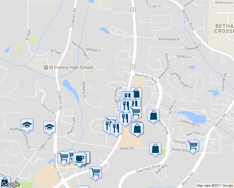 map of restaurants, bars, coffee shops, grocery stores, and more near 13283 Marrywood Drive in Alpharetta