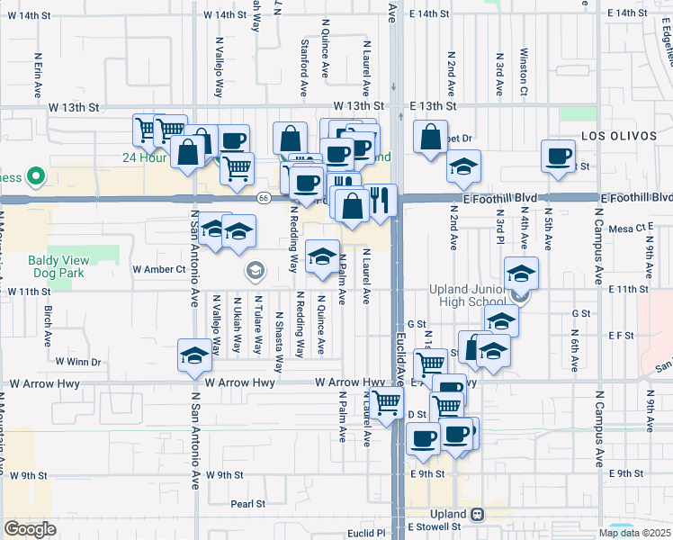 map of restaurants, bars, coffee shops, grocery stores, and more near 833 North Palm Avenue in Upland