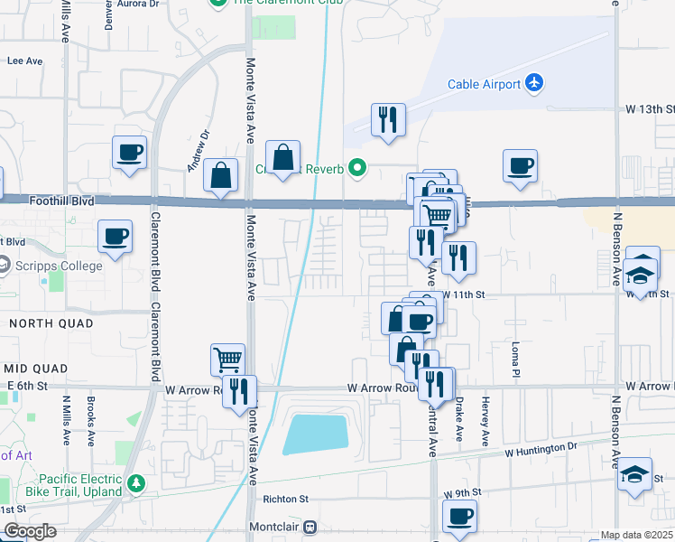 map of restaurants, bars, coffee shops, grocery stores, and more near 2218 Rose Garden Court in Upland