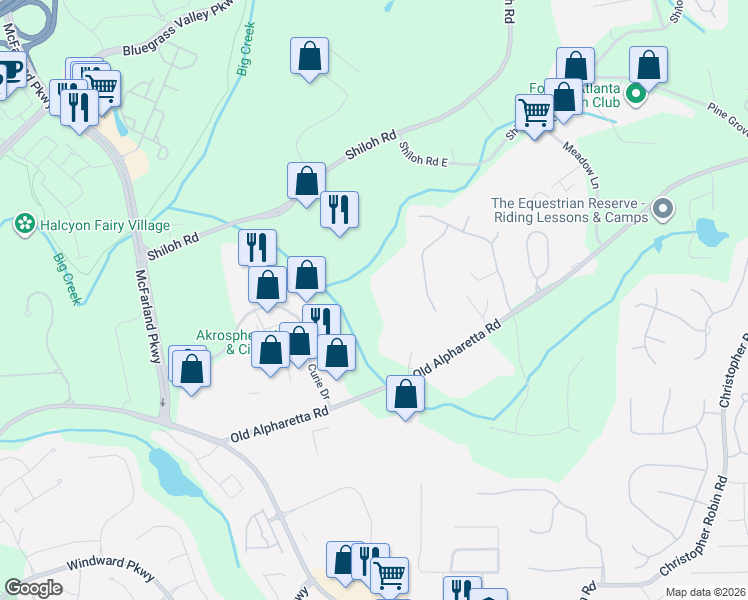 map of restaurants, bars, coffee shops, grocery stores, and more near 1220 Old Alpharetta Road in Alpharetta