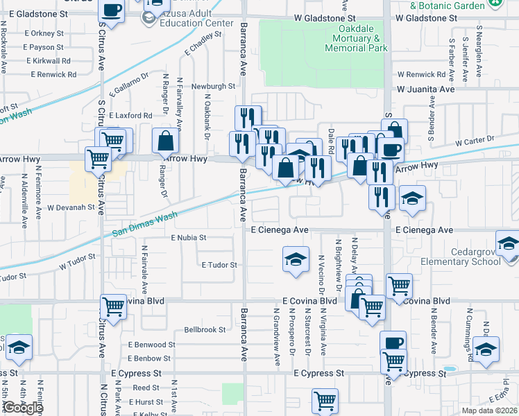 map of restaurants, bars, coffee shops, grocery stores, and more near 533 E Stephanie Dr in Covina