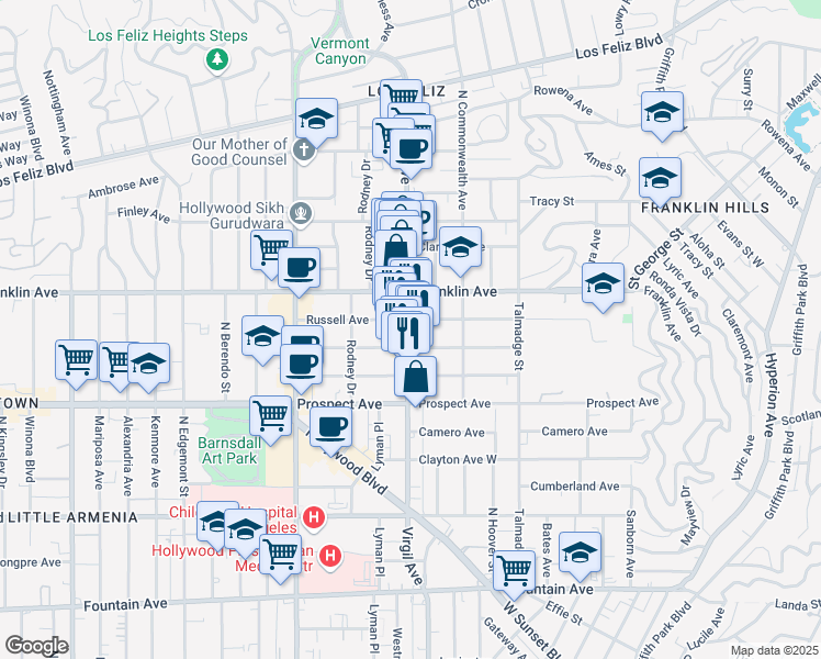 map of restaurants, bars, coffee shops, grocery stores, and more near 1816 Hillhurst Avenue in Los Angeles