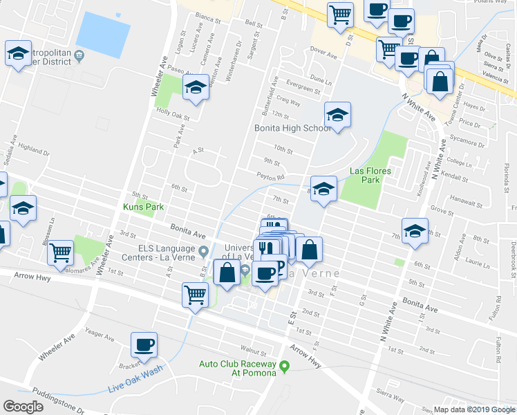 map of restaurants, bars, coffee shops, grocery stores, and more near 1993 6th Street in La Verne