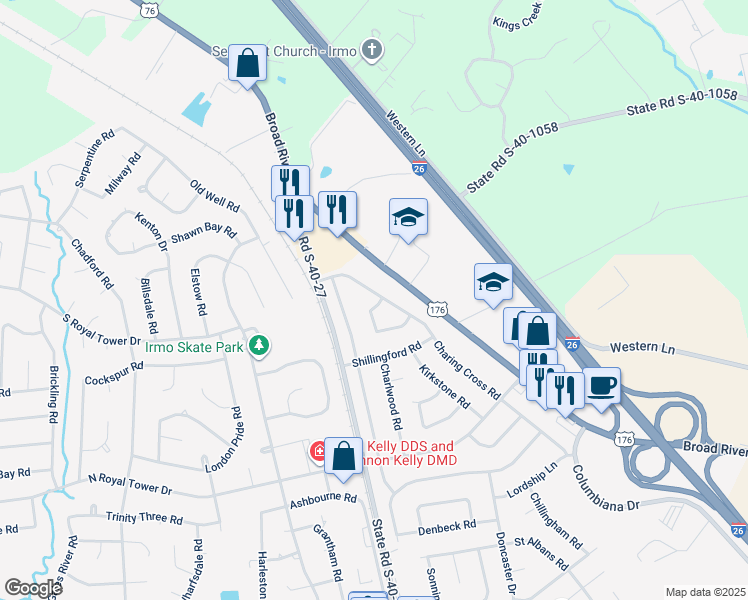 map of restaurants, bars, coffee shops, grocery stores, and more near 100 Bridgewater Circle in Irmo