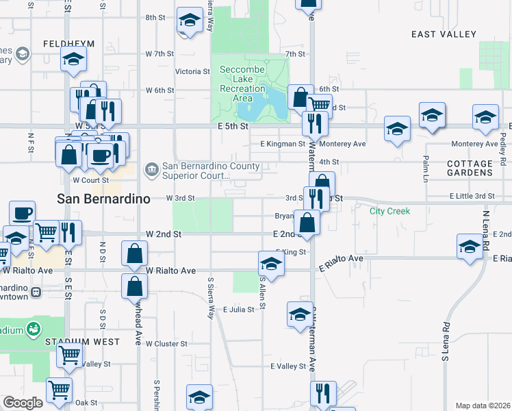 map of restaurants, bars, coffee shops, grocery stores, and more near 294 North Allen Street in San Bernardino