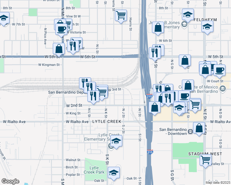map of restaurants, bars, coffee shops, grocery stores, and more near 1047 West 3rd Street in San Bernardino