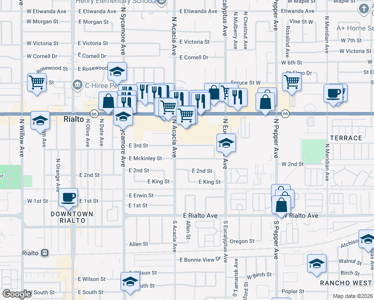 map of restaurants, bars, coffee shops, grocery stores, and more near 542 East Mckinley Street in Rialto