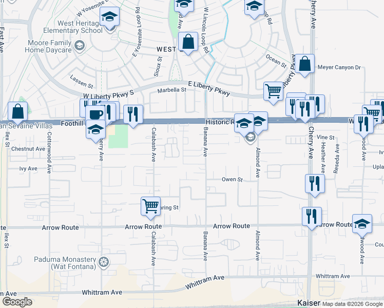 map of restaurants, bars, coffee shops, grocery stores, and more near 8246 Banana Avenue in Fontana