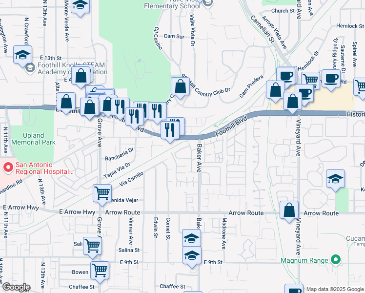 map of restaurants, bars, coffee shops, grocery stores, and more near 8449 Cedarwood Lane in Rancho Cucamonga