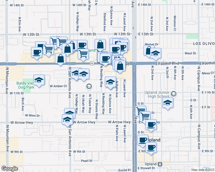 map of restaurants, bars, coffee shops, grocery stores, and more near 832 North Redding Way in Upland