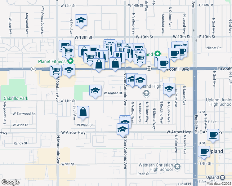 map of restaurants, bars, coffee shops, grocery stores, and more near in Upland