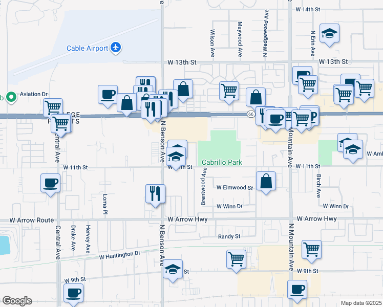 map of restaurants, bars, coffee shops, grocery stores, and more near 1533 West 11th Street in Upland