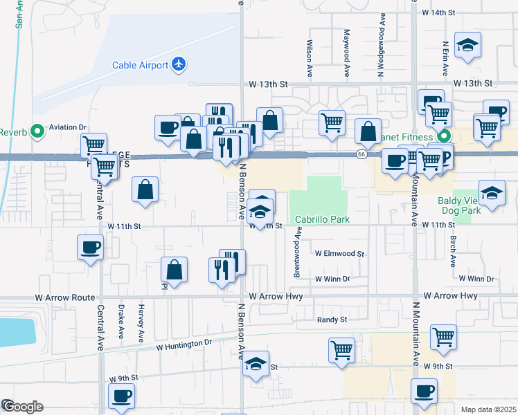 map of restaurants, bars, coffee shops, grocery stores, and more near 1533 West 11th Street in Upland