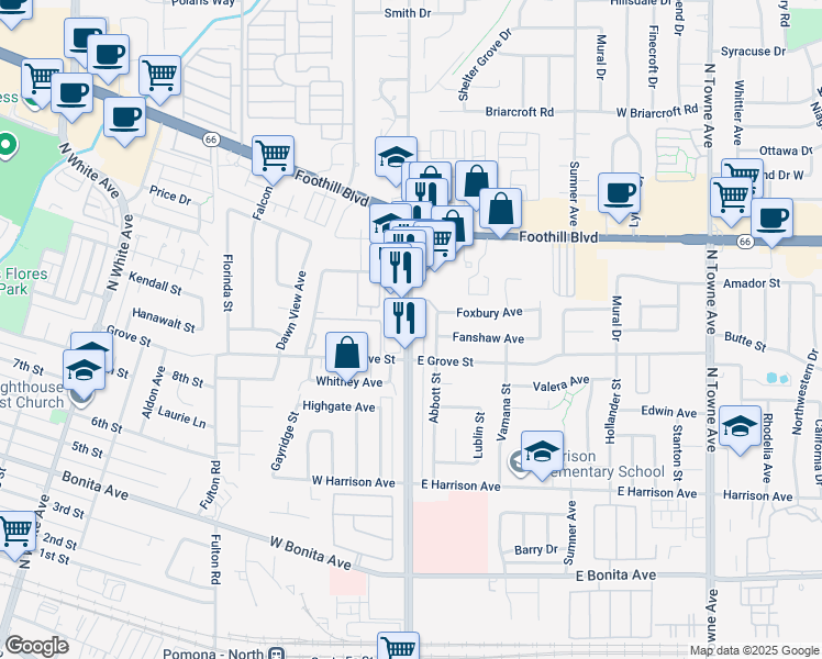 map of restaurants, bars, coffee shops, grocery stores, and more near 3112 North Garey Avenue in Pomona
