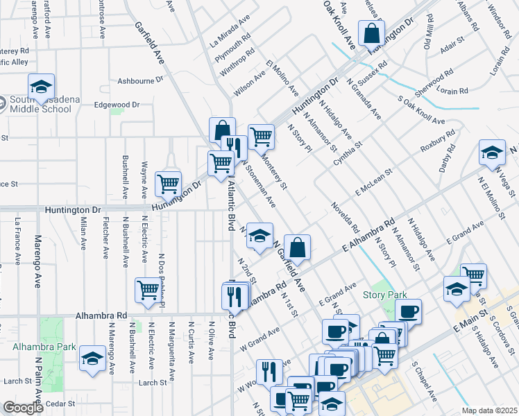 map of restaurants, bars, coffee shops, grocery stores, and more near 915 North Stoneman Avenue in Alhambra