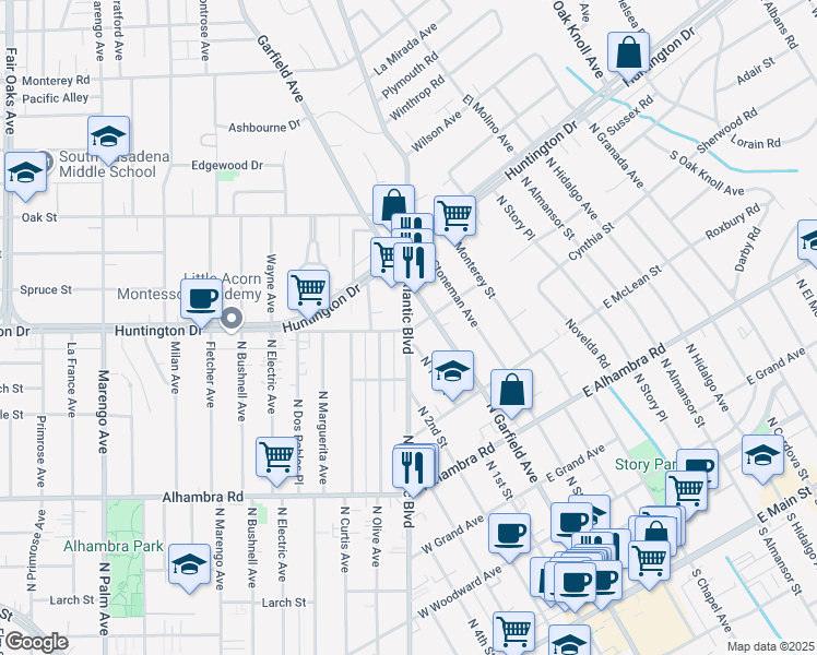 map of restaurants, bars, coffee shops, grocery stores, and more near 1000 North 1st Street in Alhambra
