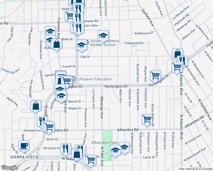 map of restaurants, bars, coffee shops, grocery stores, and more near 1711 Huntington Drive in South Pasadena