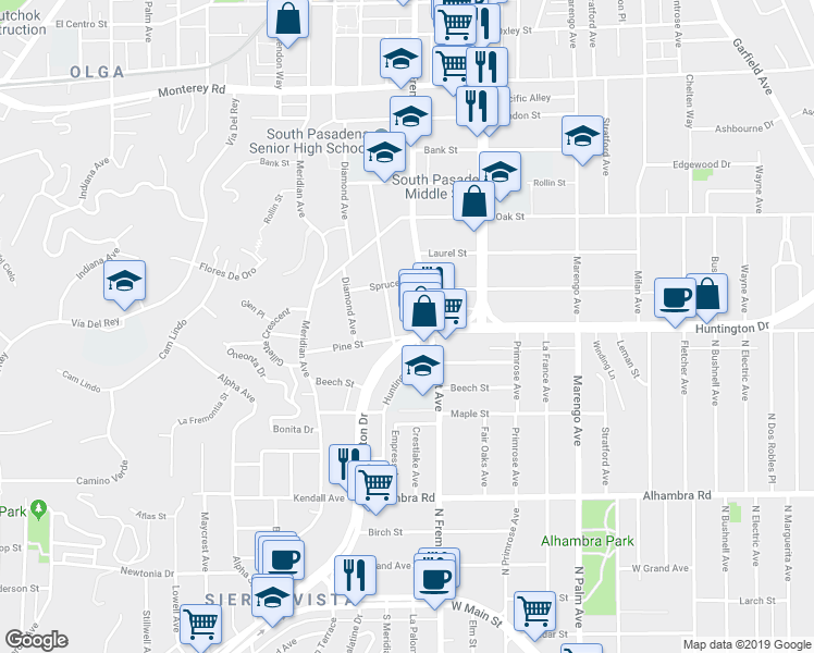 map of restaurants, bars, coffee shops, grocery stores, and more near 1304 Pine Street in South Pasadena
