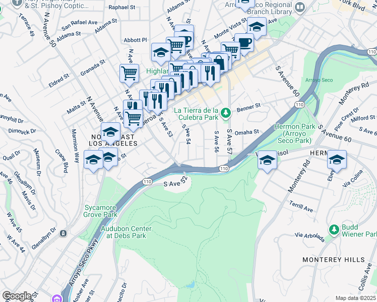 map of restaurants, bars, coffee shops, grocery stores, and more near 265 South Avenue 54 in Los Angeles