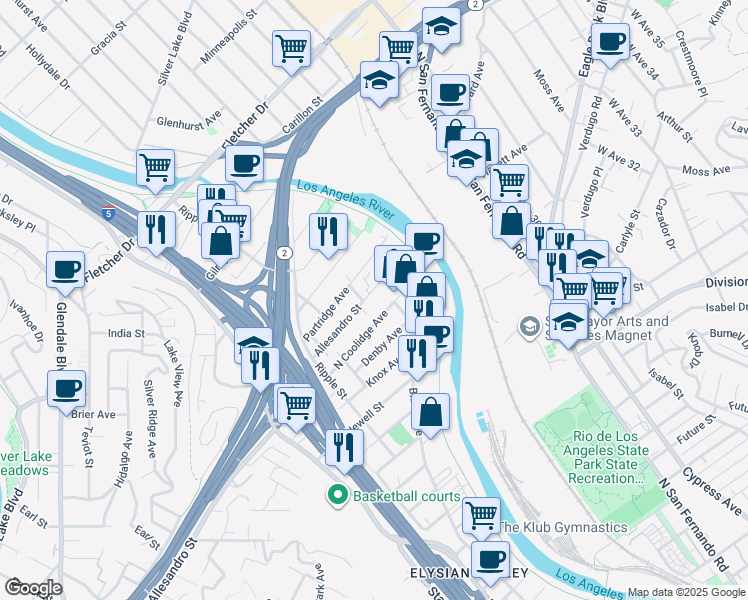 map of restaurants, bars, coffee shops, grocery stores, and more near 2876 Allesandro Street in Los Angeles