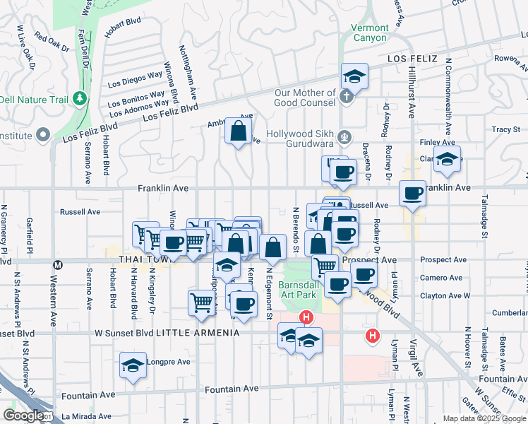 map of restaurants, bars, coffee shops, grocery stores, and more near 1814 North Edgemont Street in Los Angeles