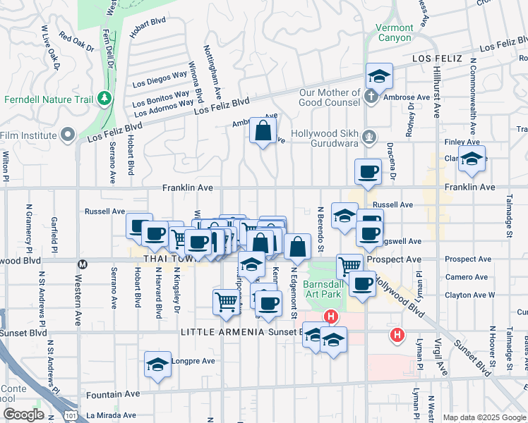 map of restaurants, bars, coffee shops, grocery stores, and more near 1815 North Kenmore Avenue in Los Angeles