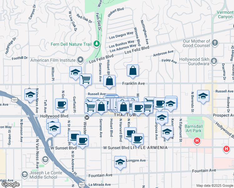map of restaurants, bars, coffee shops, grocery stores, and more near 1818 1/2 North Harvard Boulevard in Los Angeles