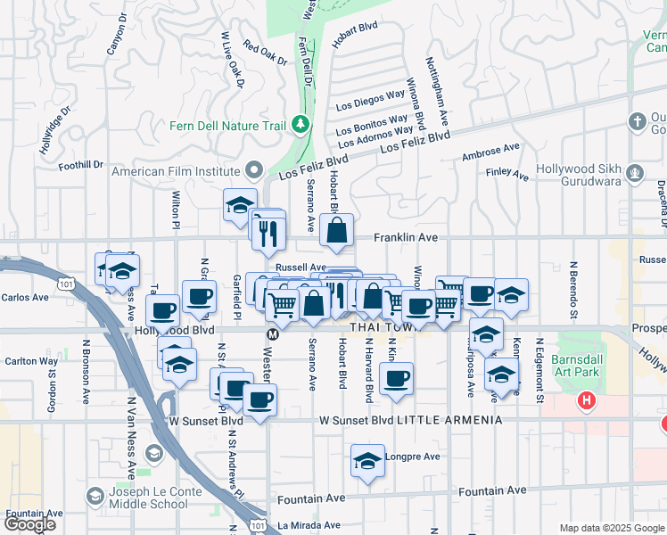 map of restaurants, bars, coffee shops, grocery stores, and more near 5332 Russell Avenue in Los Angeles
