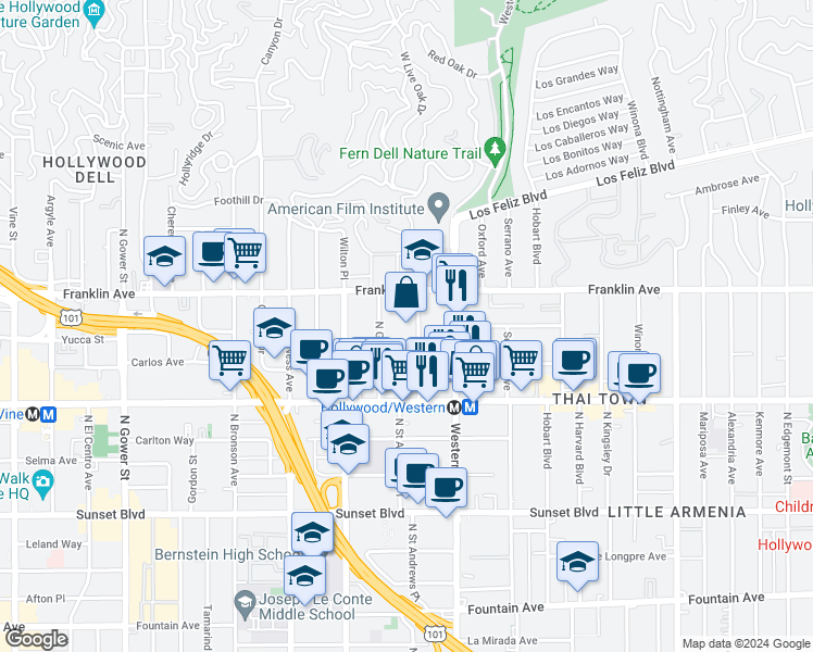 map of restaurants, bars, coffee shops, grocery stores, and more near 1817 Garfield Place in Los Angeles