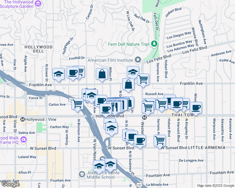 map of restaurants, bars, coffee shops, grocery stores, and more near 1825 North Gramercy Place in Los Angeles