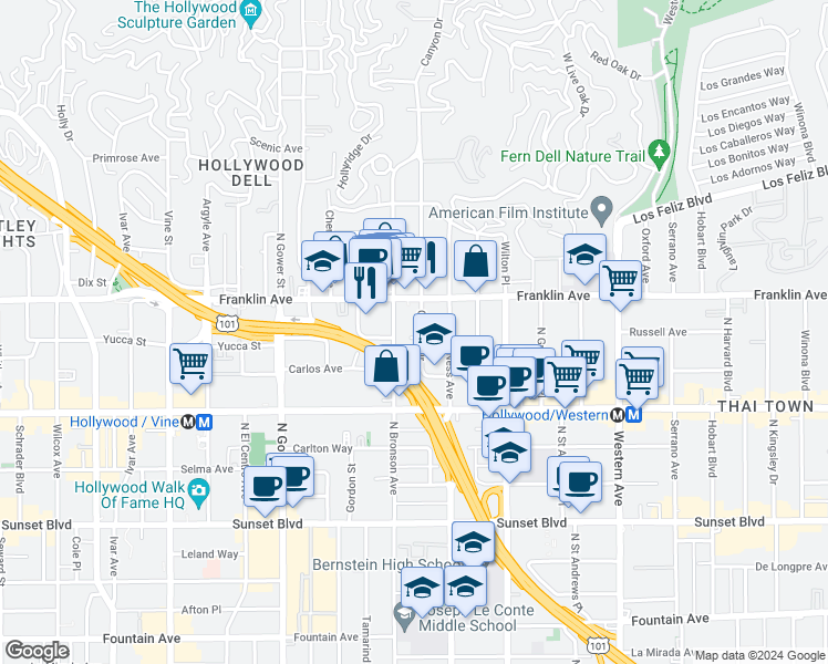 map of restaurants, bars, coffee shops, grocery stores, and more near 1815 Canyon Drive in Los Angeles