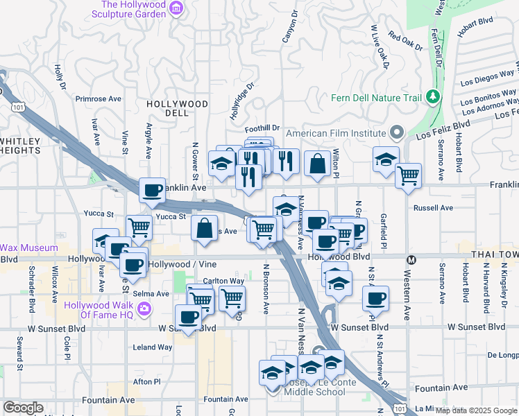 map of restaurants, bars, coffee shops, grocery stores, and more near 1815 North Bronson Avenue in Los Angeles