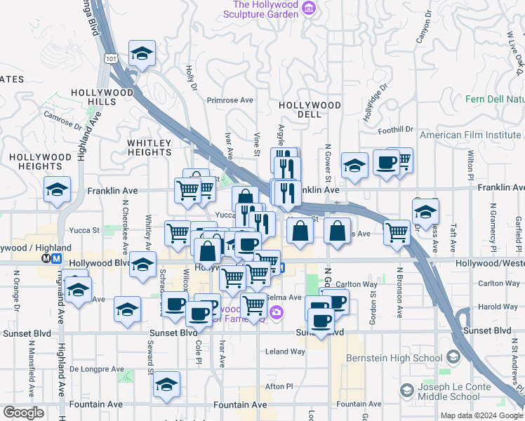 map of restaurants, bars, coffee shops, grocery stores, and more near in Los Angeles