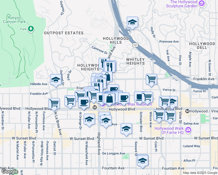 map of restaurants, bars, coffee shops, grocery stores, and more near 6700 Franklin Place in Los Angeles