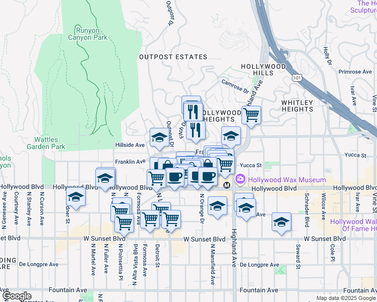 map of restaurants, bars, coffee shops, grocery stores, and more near 7018 Franklin Avenue in Los Angeles