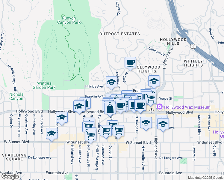 map of restaurants, bars, coffee shops, grocery stores, and more near in Los Angeles