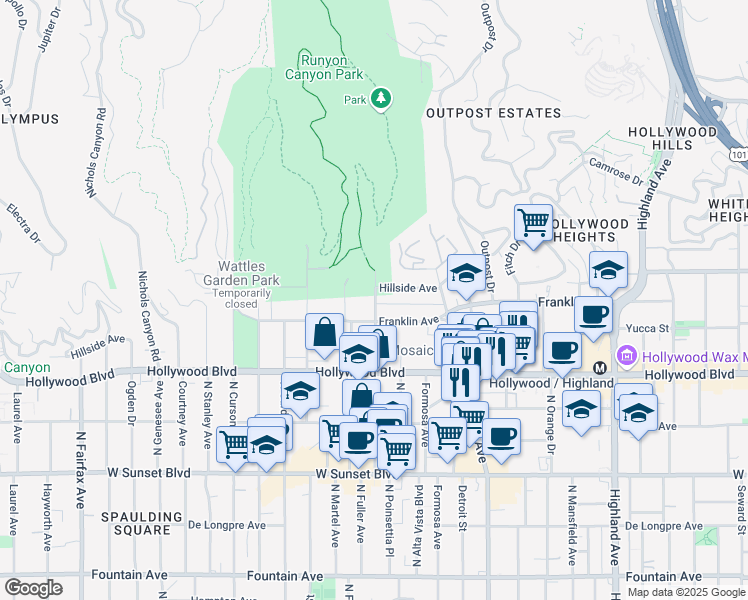 map of restaurants, bars, coffee shops, grocery stores, and more near 1841 North Fuller Avenue in Los Angeles