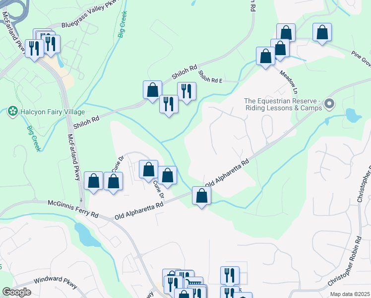 map of restaurants, bars, coffee shops, grocery stores, and more near 1220 Old Alpharetta Road in Alpharetta